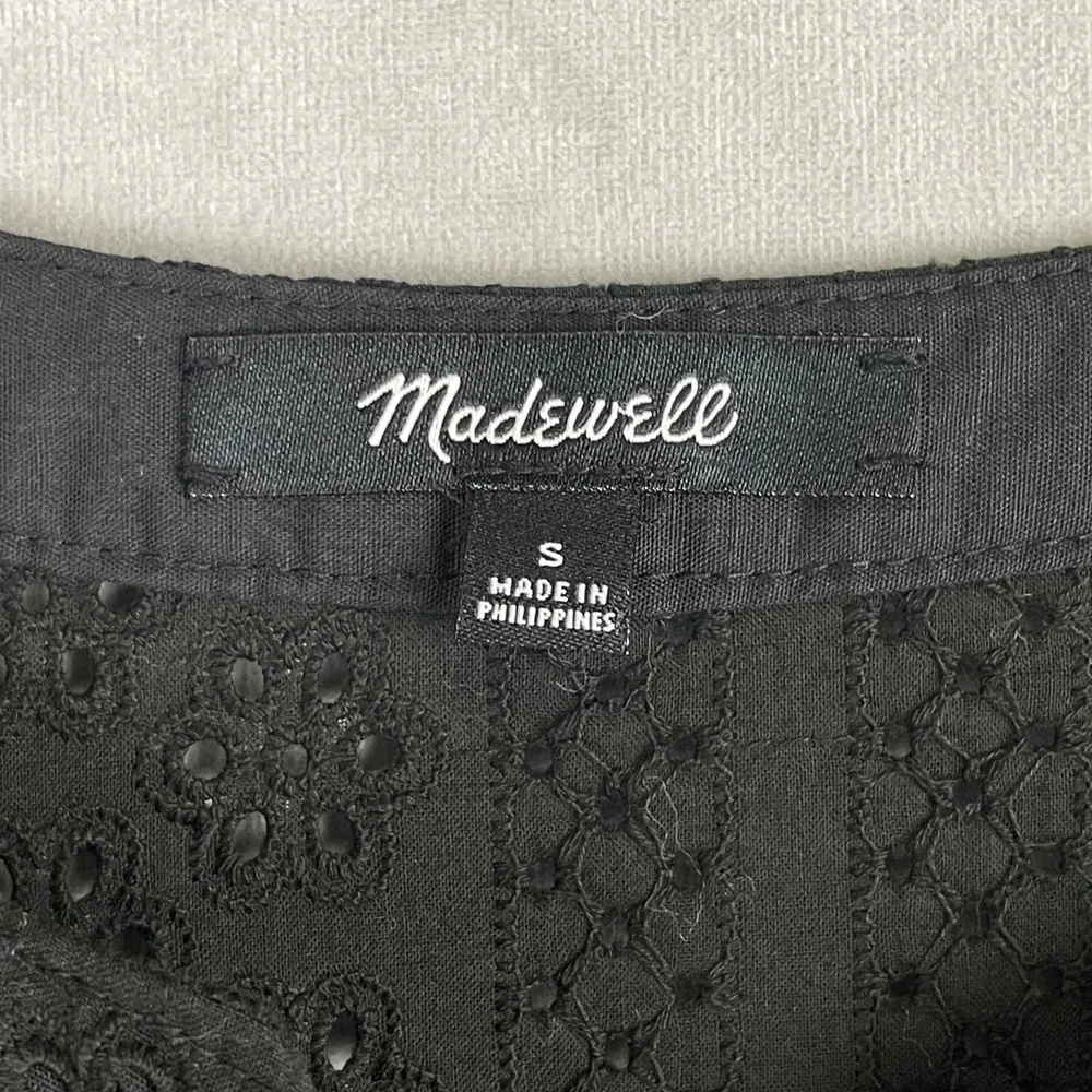 Madewell Black Cotton Victorian Goth Eyelet Tie Neck Long Sleeve Blouse Top S - Picture 4 of 8